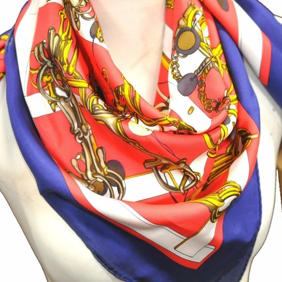 Authentic HERMES Carre 90 Scarf "MORS&FILETS" Silk Blue - Picture 1 of 13